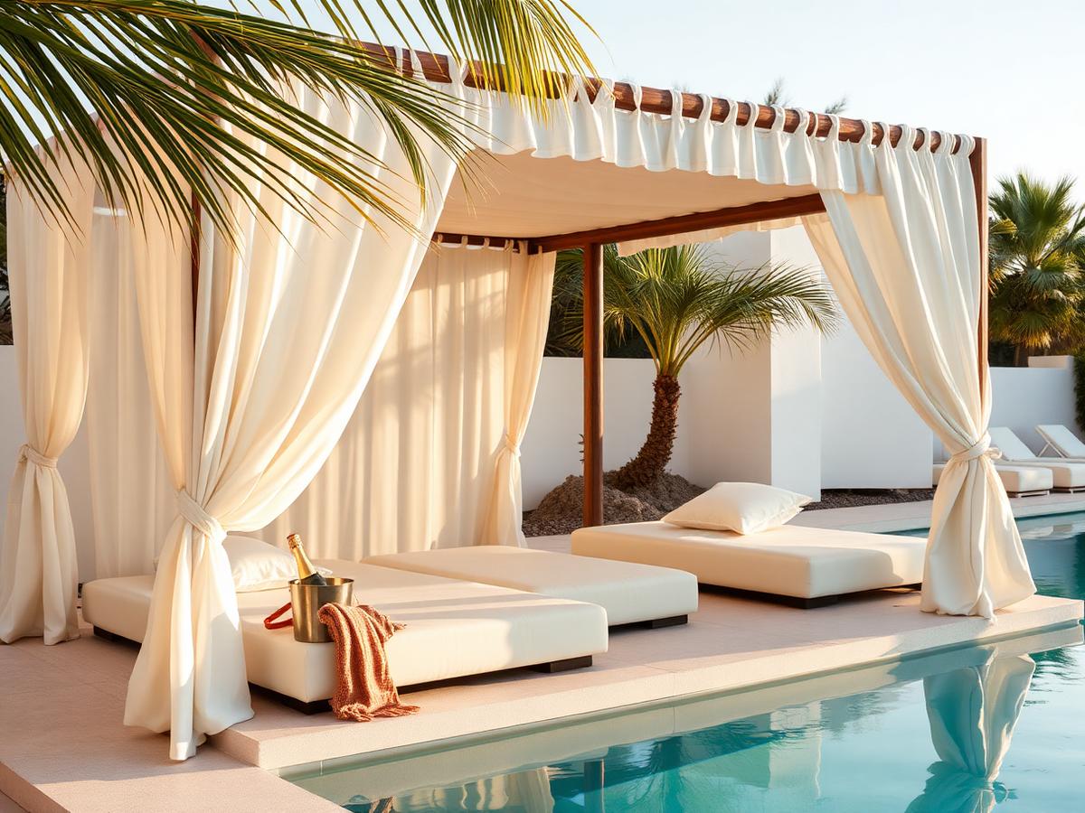 Luxury poolside cabana with cream daybeds