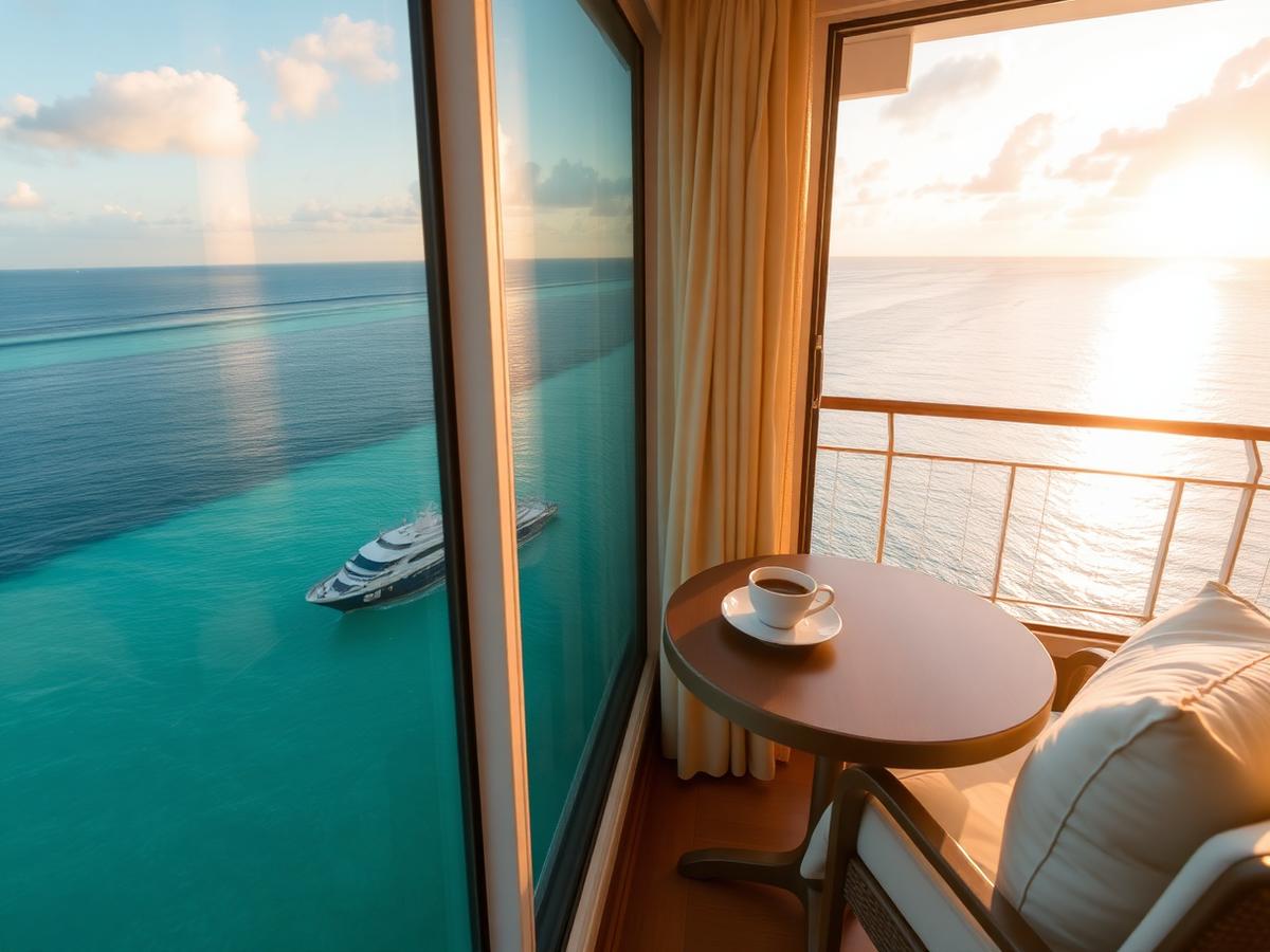Cruise balcony suite overlooking turquoise water