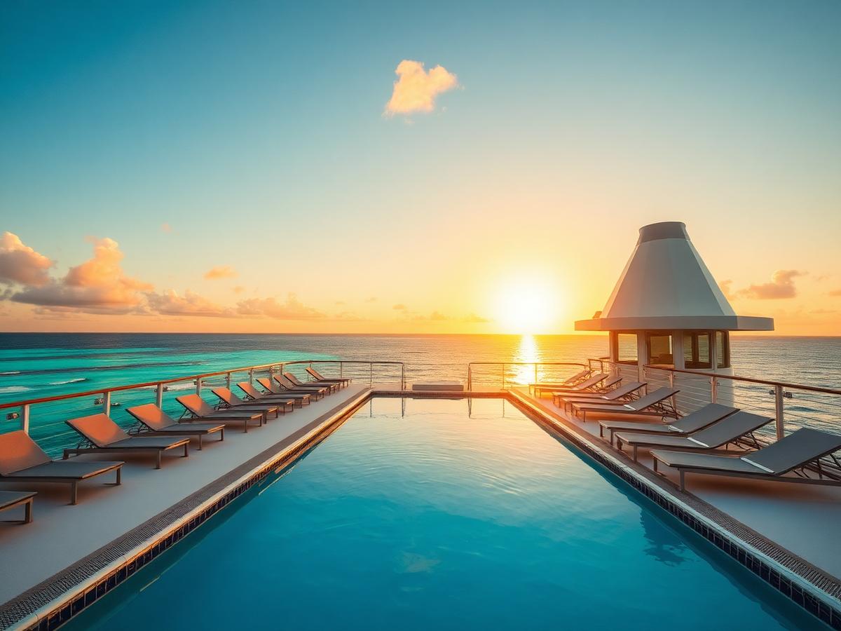 Cruise ship pool deck at sunset