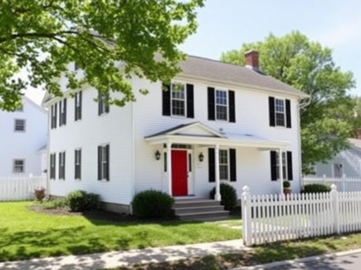 White center-hall colonial home with a picket fence in Goshen, Orange County, New York