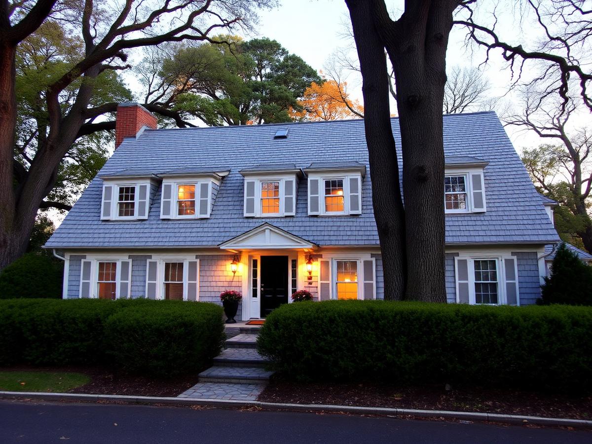 Shingled colonial home with hedges in Rye, Westchester County, New York