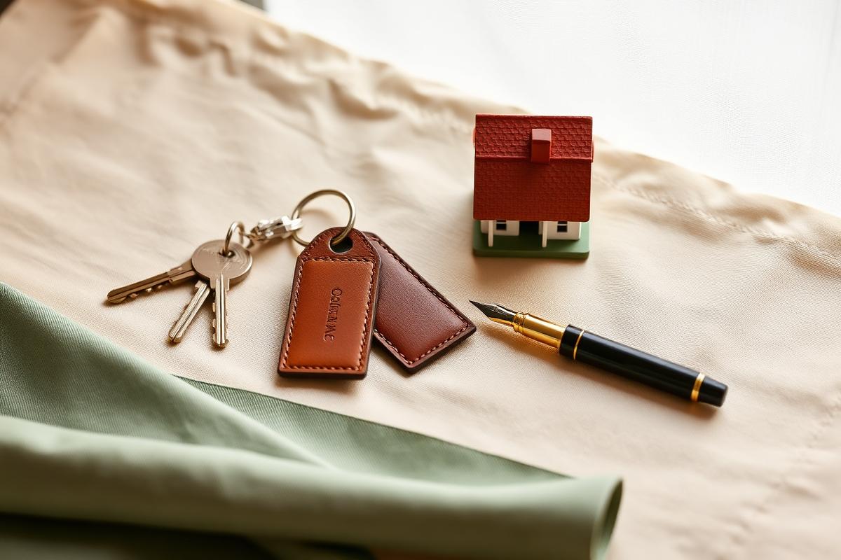 House keys, a small model house and a fountain pen on cream linen