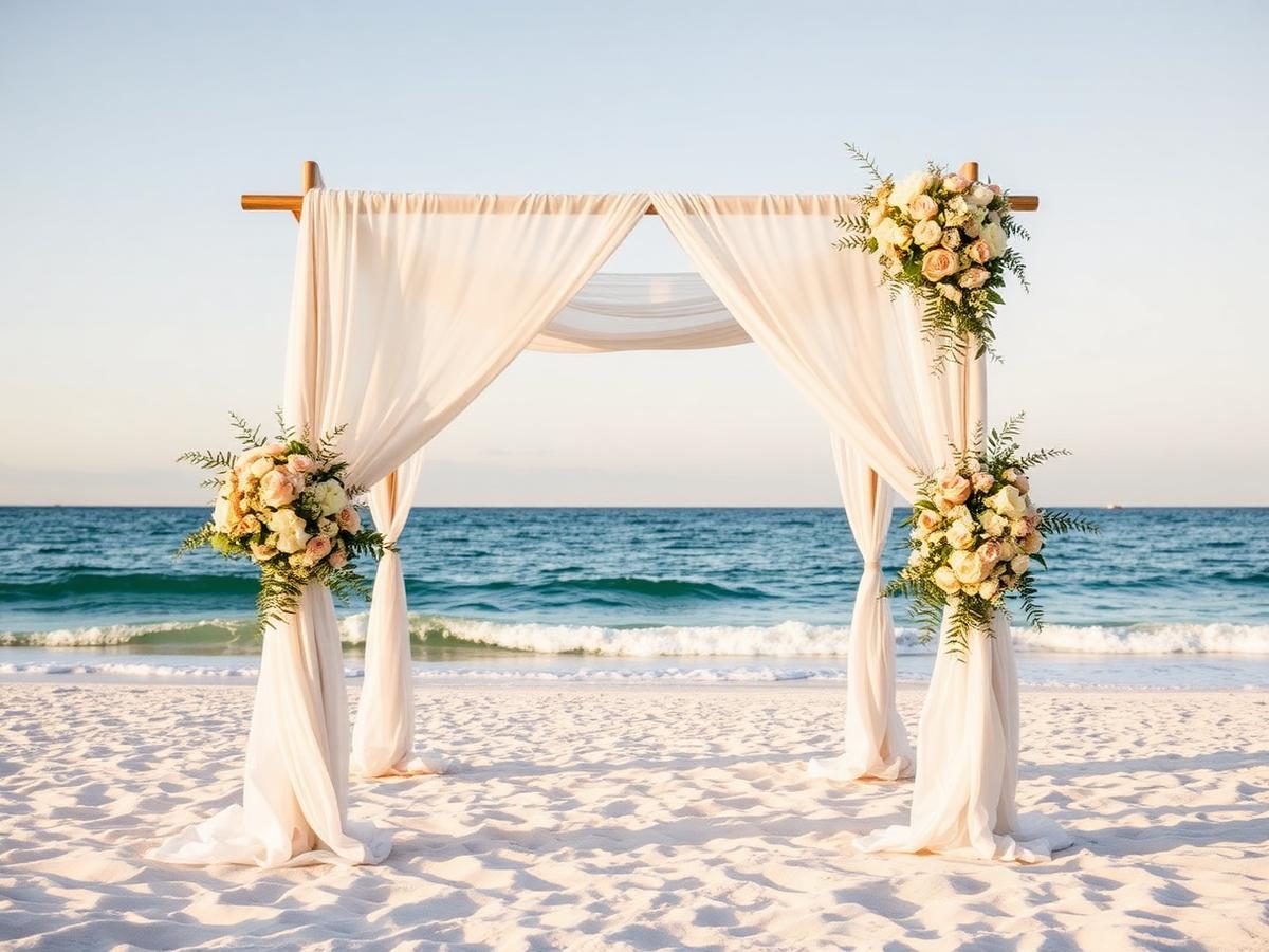 Draped beachfront wedding arch on white sand