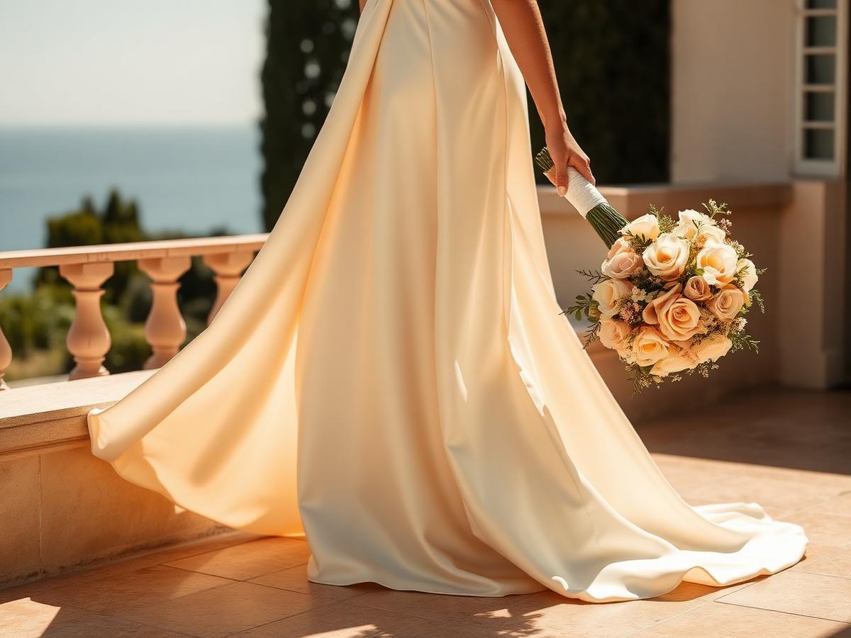 Bridal gown and bouquet on a sunlit villa terrace