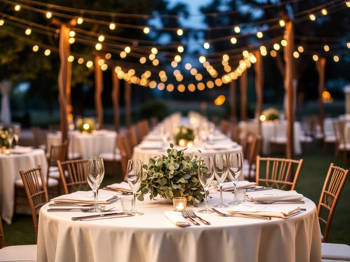 Outdoor wedding reception table under string lights